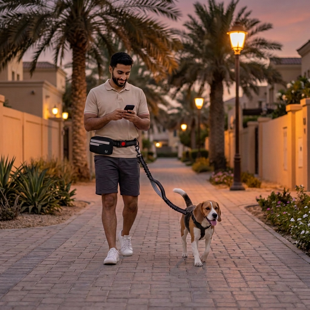 Conceptual lifestyle image of an Arab man using his phone while walking a Beagle with the black hands-free Rafiq kit on a Dubai villa-community path at dusk, with palms, sand-toned walls and warm streetlights