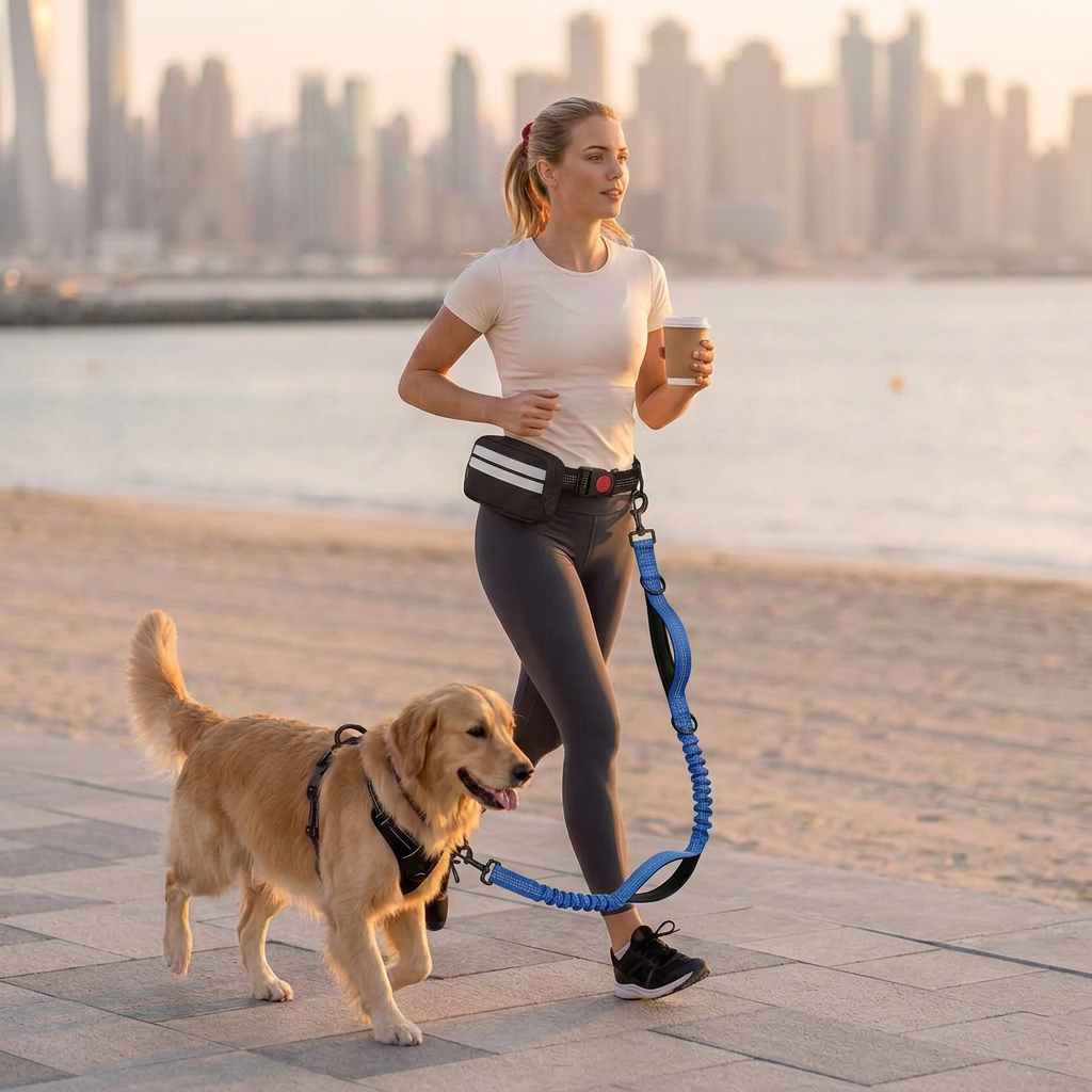 Conceptual lifestyle image of a blonde woman in ivory and charcoal activewear jogging with coffee and a Golden Retriever on a blue hands-free Rafiq leash beside Dubai’s waterfront at sunrise, with soft low buildings behind