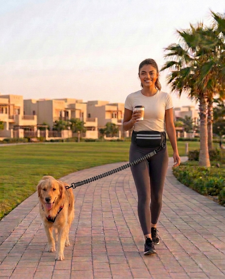 Conceptual photo of a woman walking hands-free with a Golden Retriever