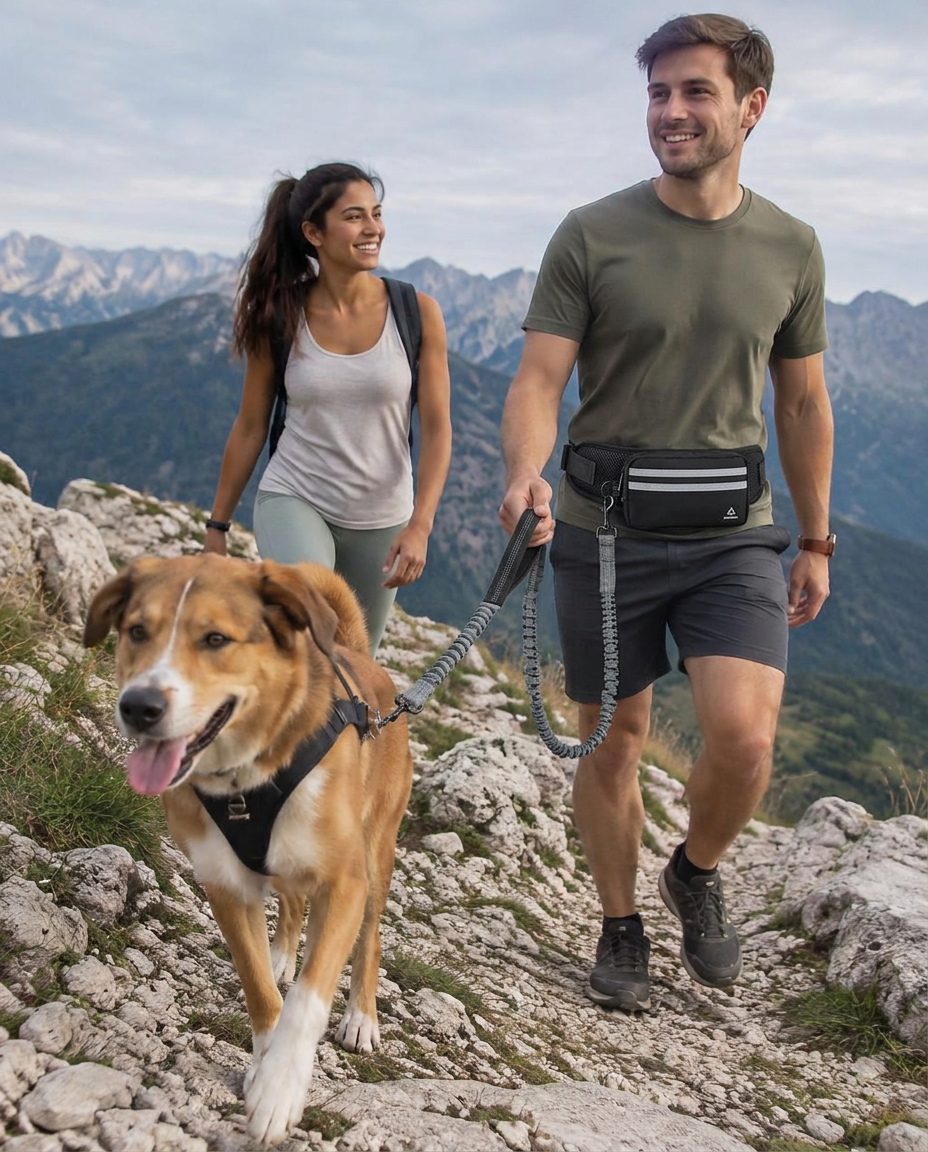 Conceptual lifestyle image of a South Asian man and brunette Arab woman hiking rocky Hajar terrain near Hatta with a Saluki; only the man wears the grey Rafiq kit, and the woman carries a water bottle